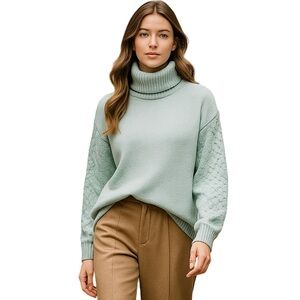 Elegant Seafoam / Mint Green Turtleneck Sweater Cable Knit Sleeves Costal Pastel